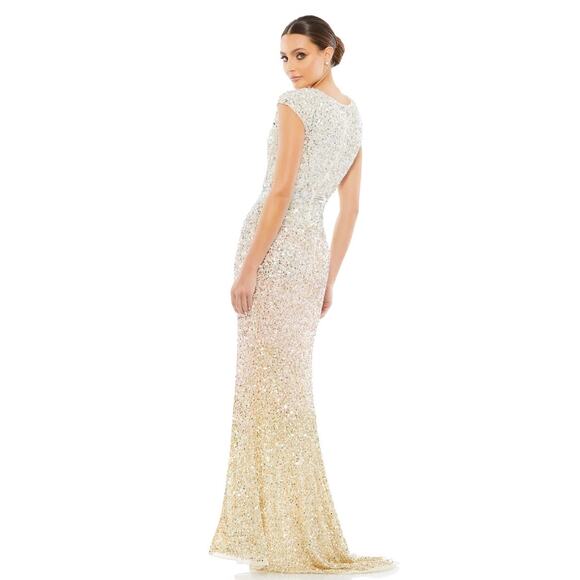 Mac Duggal 5489 Nude Cap Sleeve Sequined High Slit Gown Size 8 New - Picture 2 of 8